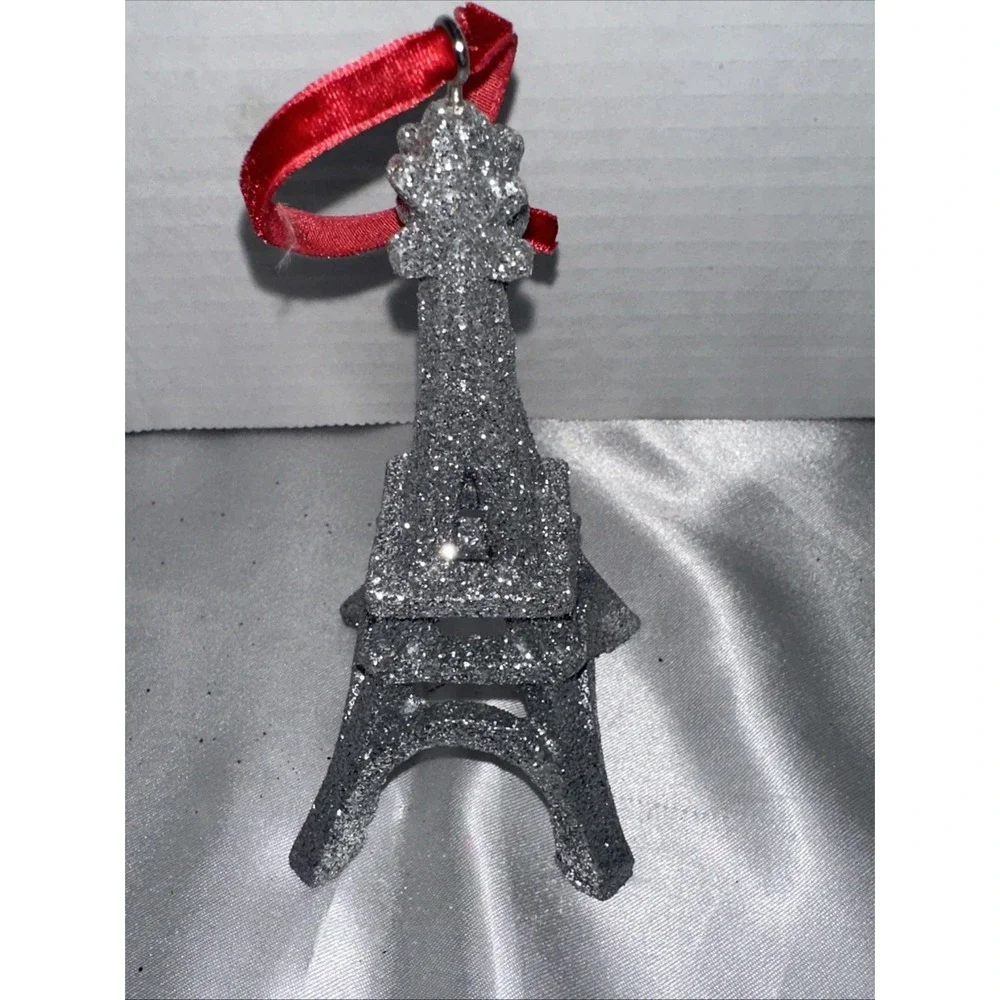Silver Glitter Eiffel Tower Christmas Ornament Paris France Red Velvet Ribbon